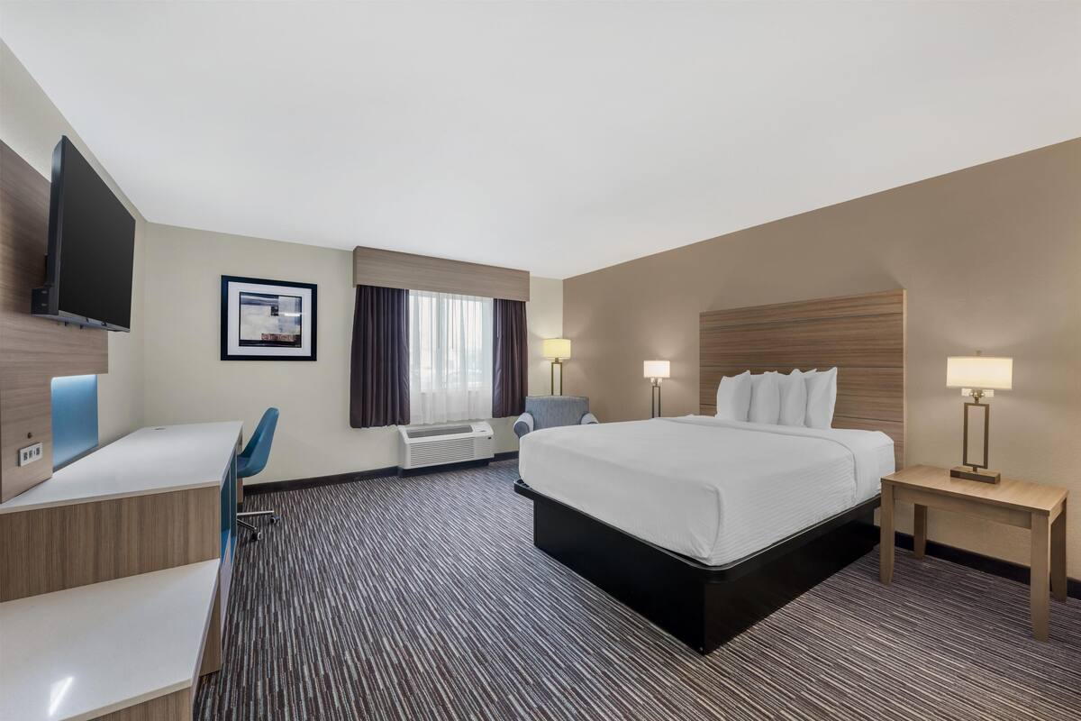 A hotel room with a large bed, a desk, a chair, a TV, and two bedside tables with lamps.