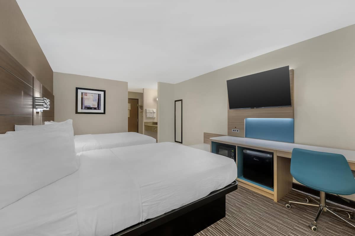 A hotel room with a bed, a desk, a chair, a flat-screen TV, and a microwave.