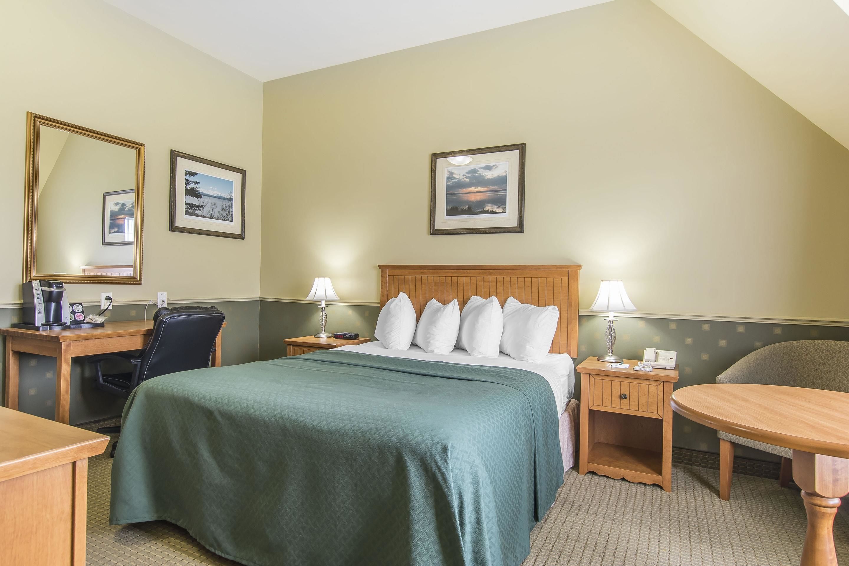 A hotel room with a bed, a desk, a chair, a nightstand, and two lamps.
