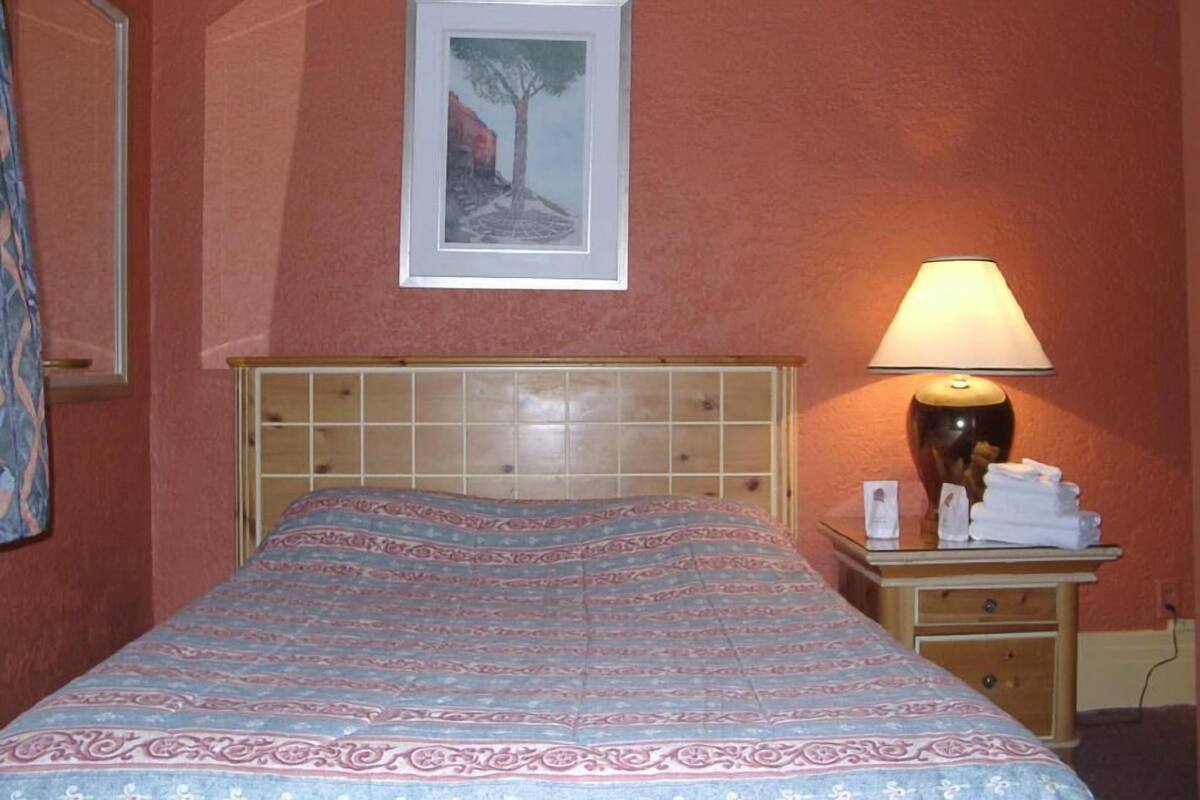 Un dormitorio con una colcha estampada, un cabecero, una mesita de noche con una lámpara y un cuadro enmarcado en la pared.