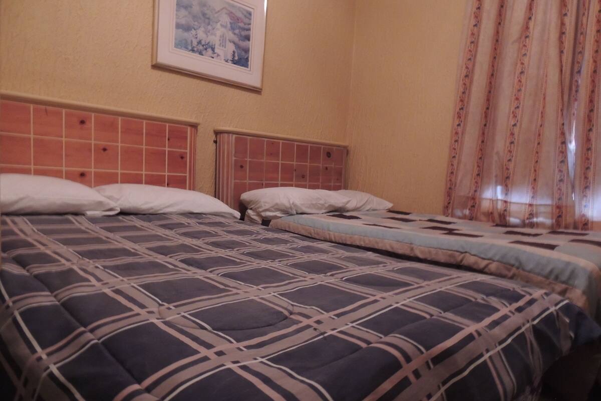 Una habitación con dos camas, un cuadro en la pared y una ventana con cortinas.
