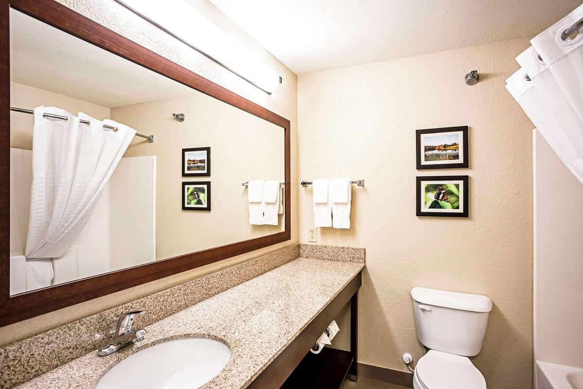 A bathroom with a sink, mirror, toilet, and two framed pictures on the wall.