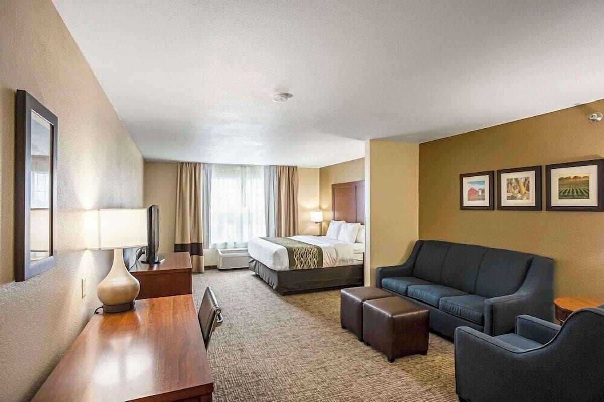 Premium bedding, desk, laptop workspace, blackout drapes