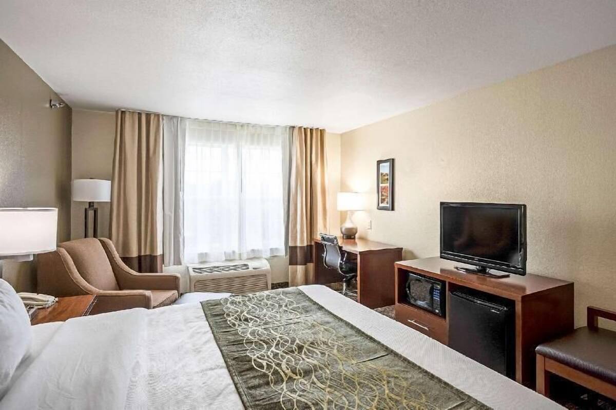 A hotel room with a bed, a desk, a chair, a television, and a window with curtains.