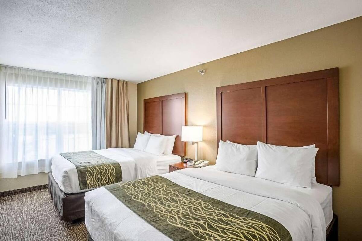 Premium bedding, desk, laptop workspace, blackout drapes