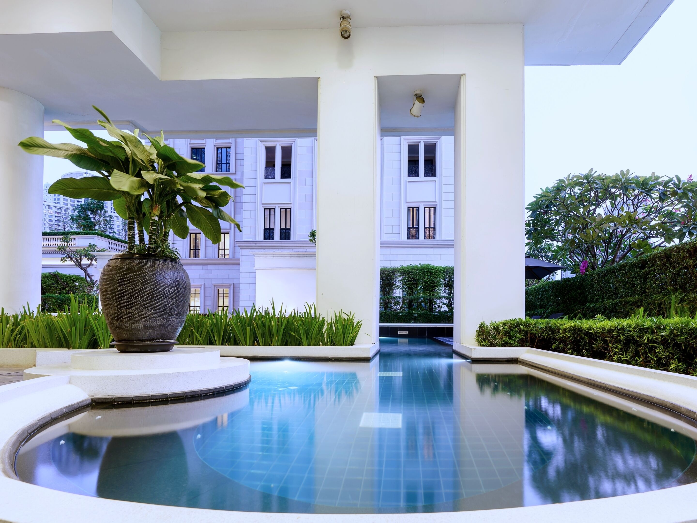 outdoor pool, pool umbrellas, pool loungers