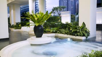 Outdoor pool, pool umbrellas, pool loungers