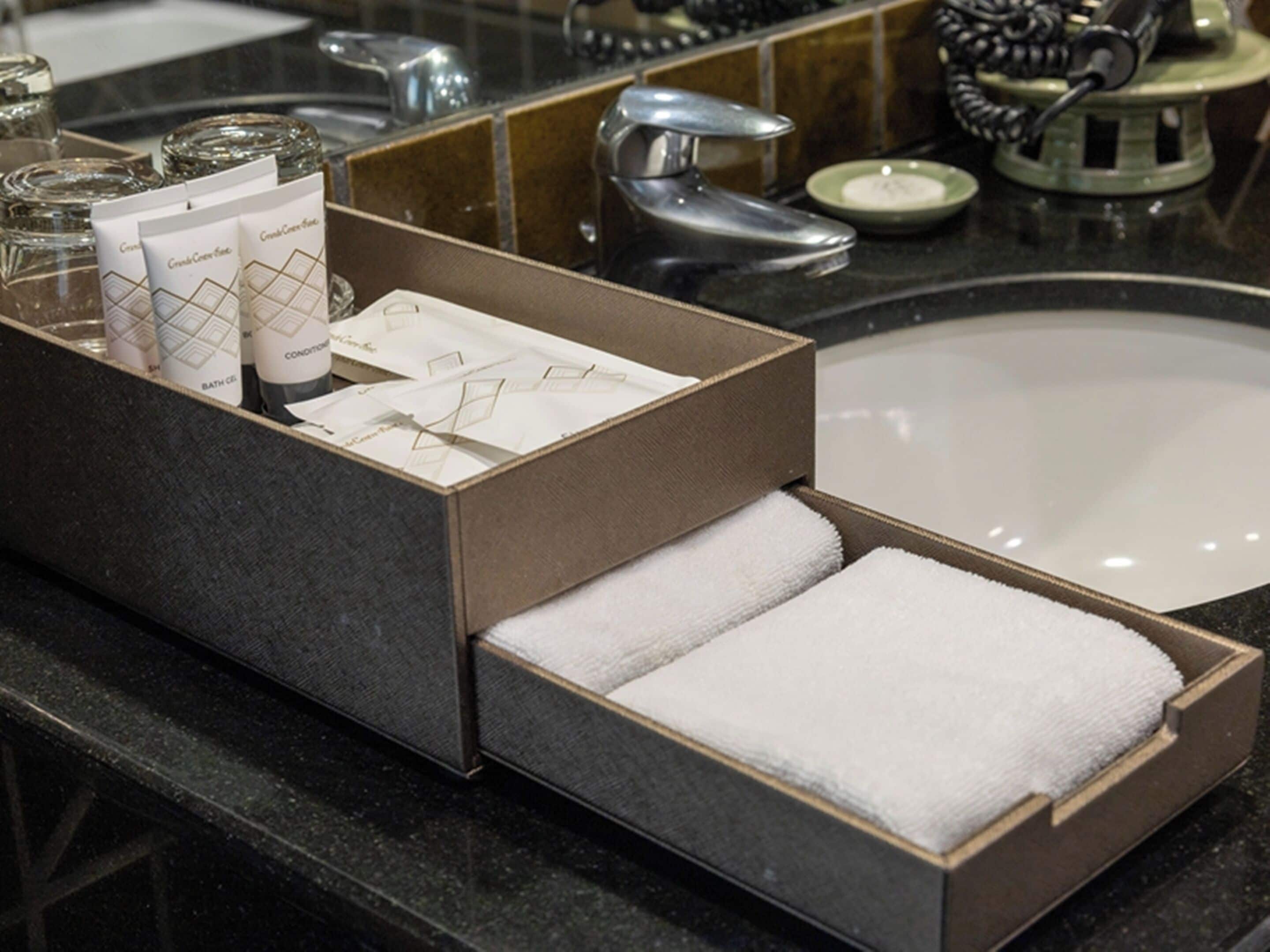 free toiletries, hair dryer, slippers, towels