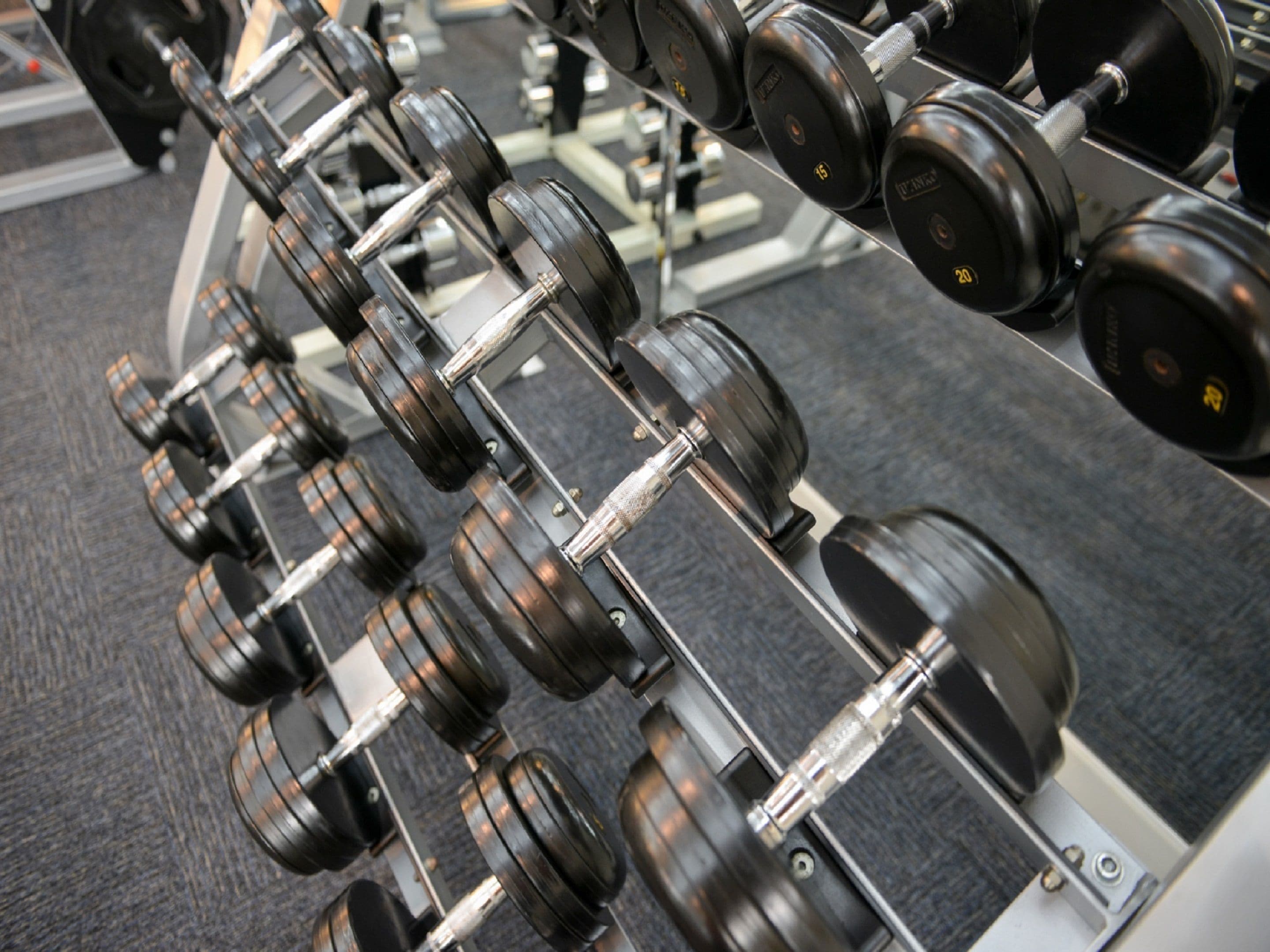 Et stativ med håndvægte i et fitnesscenter.