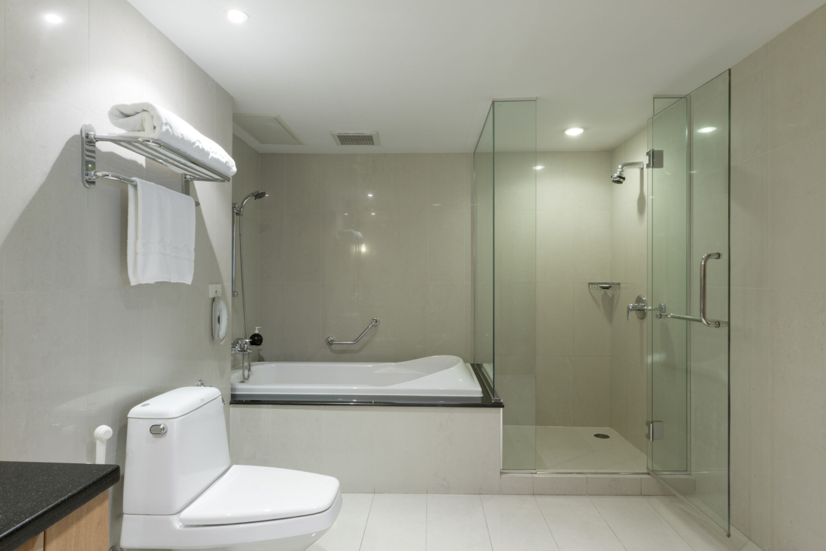 A modern bathroom with a toilet, a bathtub, and a glass-enclosed shower stall.