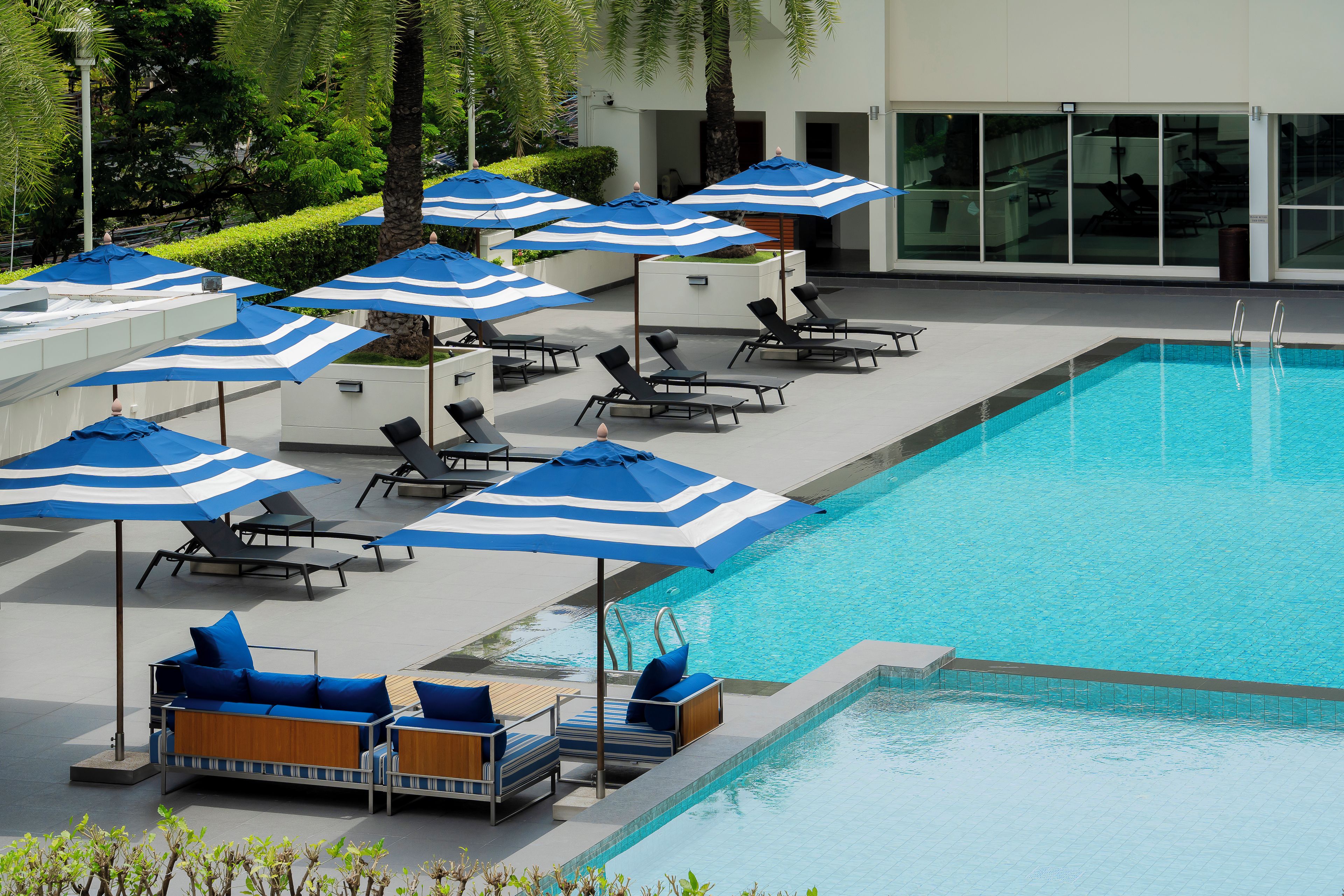 A swimming pool area with lounge chairs and umbrellas.