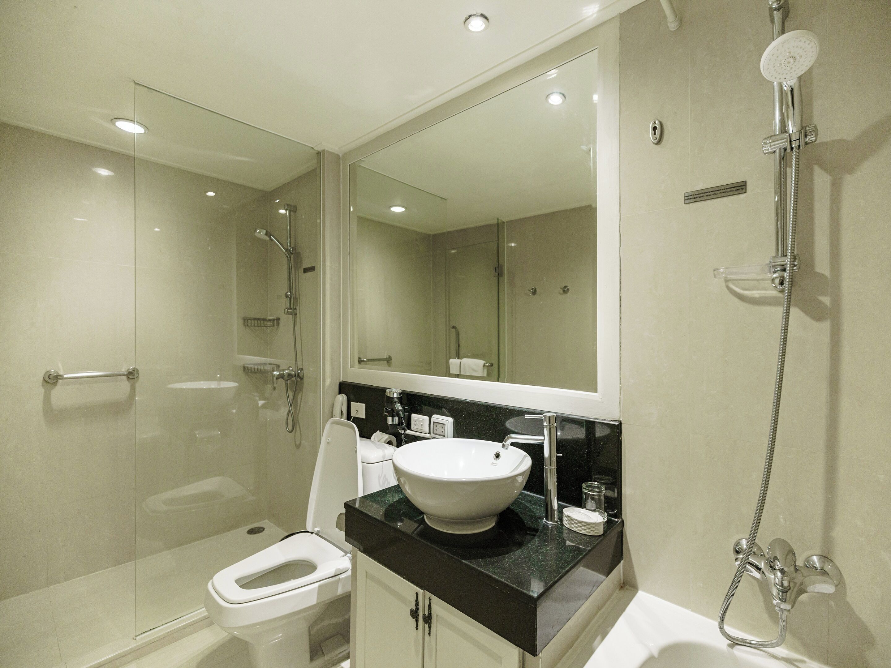A modern bathroom with a glass-enclosed shower, a white toilet, a large mirror, and a black countertop with a sink.