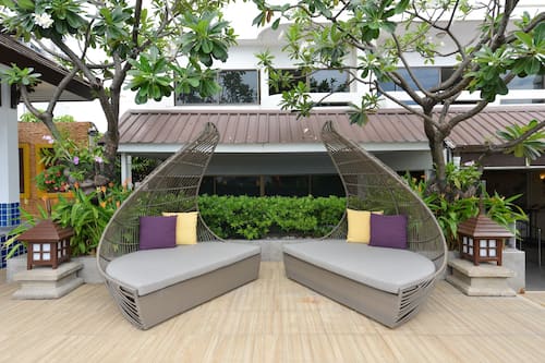 Outdoor pool, pool umbrellas, pool loungers