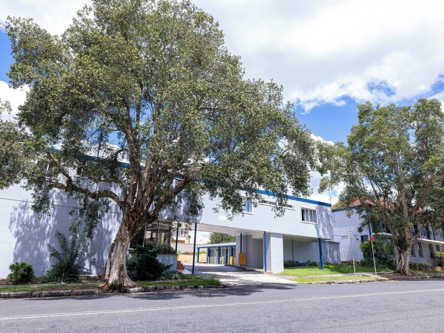 A modern building with a covered entrance and a large tree in front.