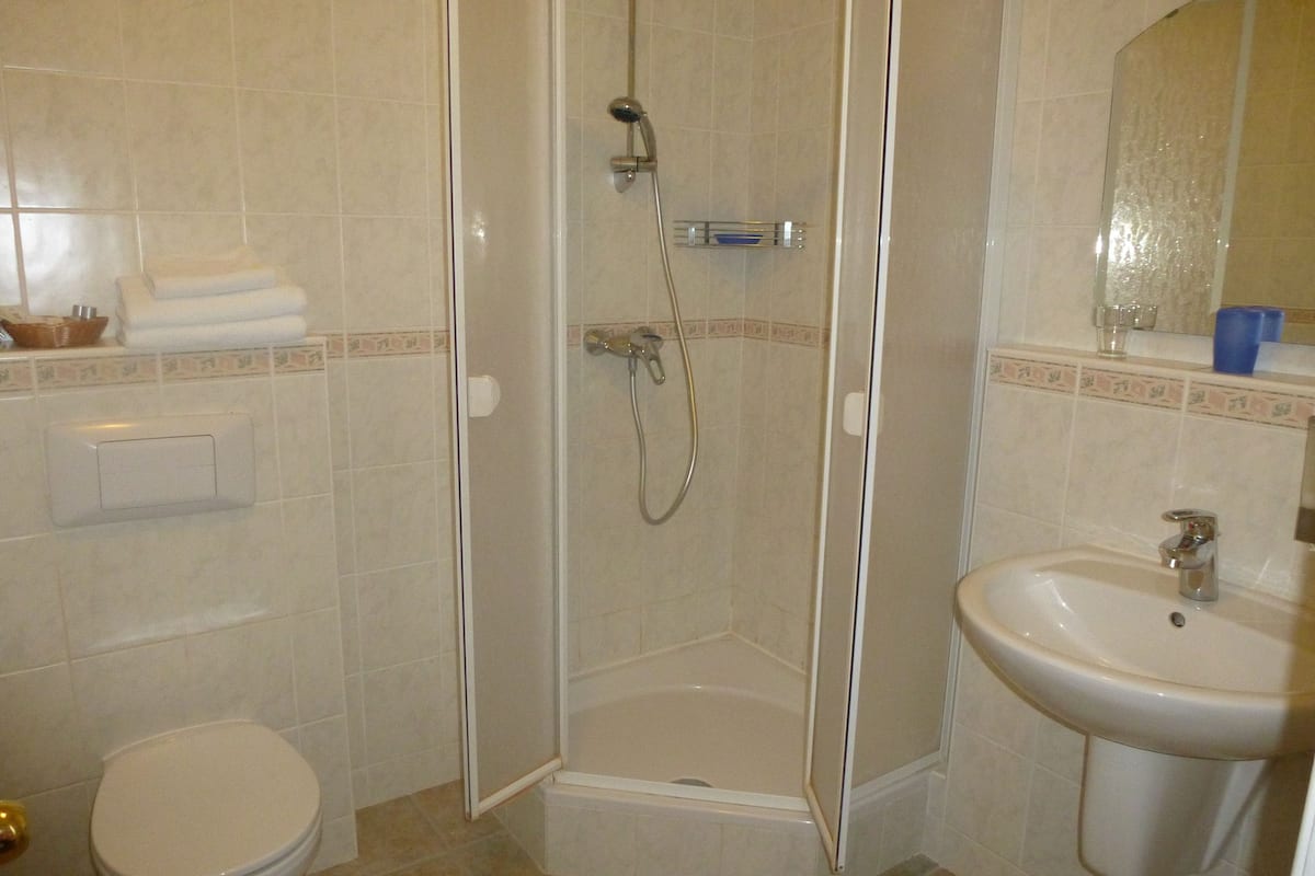 shower, hydromassage showerhead, free toiletries, hair dryer