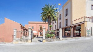 A hotel facade with a palm tree, a flag, and a clear blue sky.