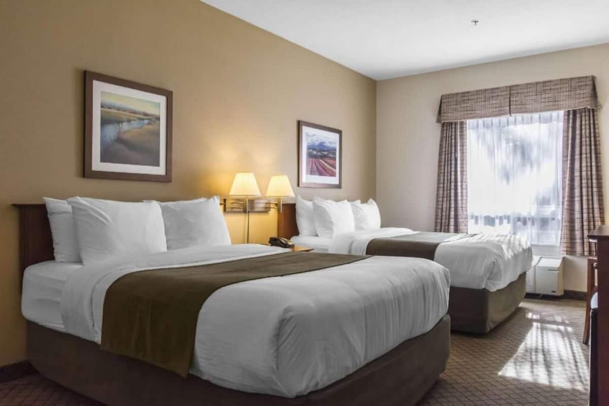 A hotel room with two beds, a window with curtains, and two wall-mounted lamps.
