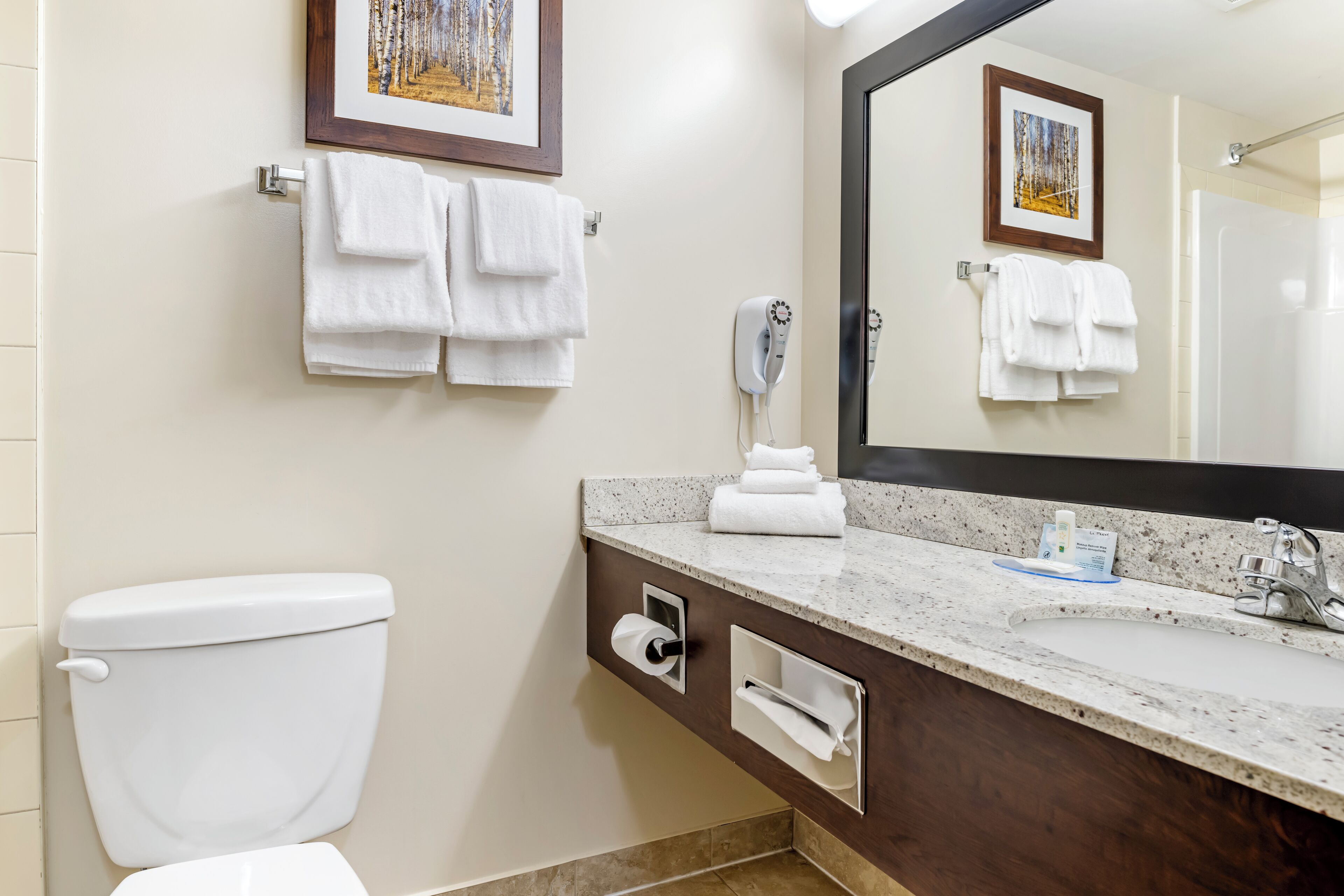 free toiletries, hair dryer, towels, soap