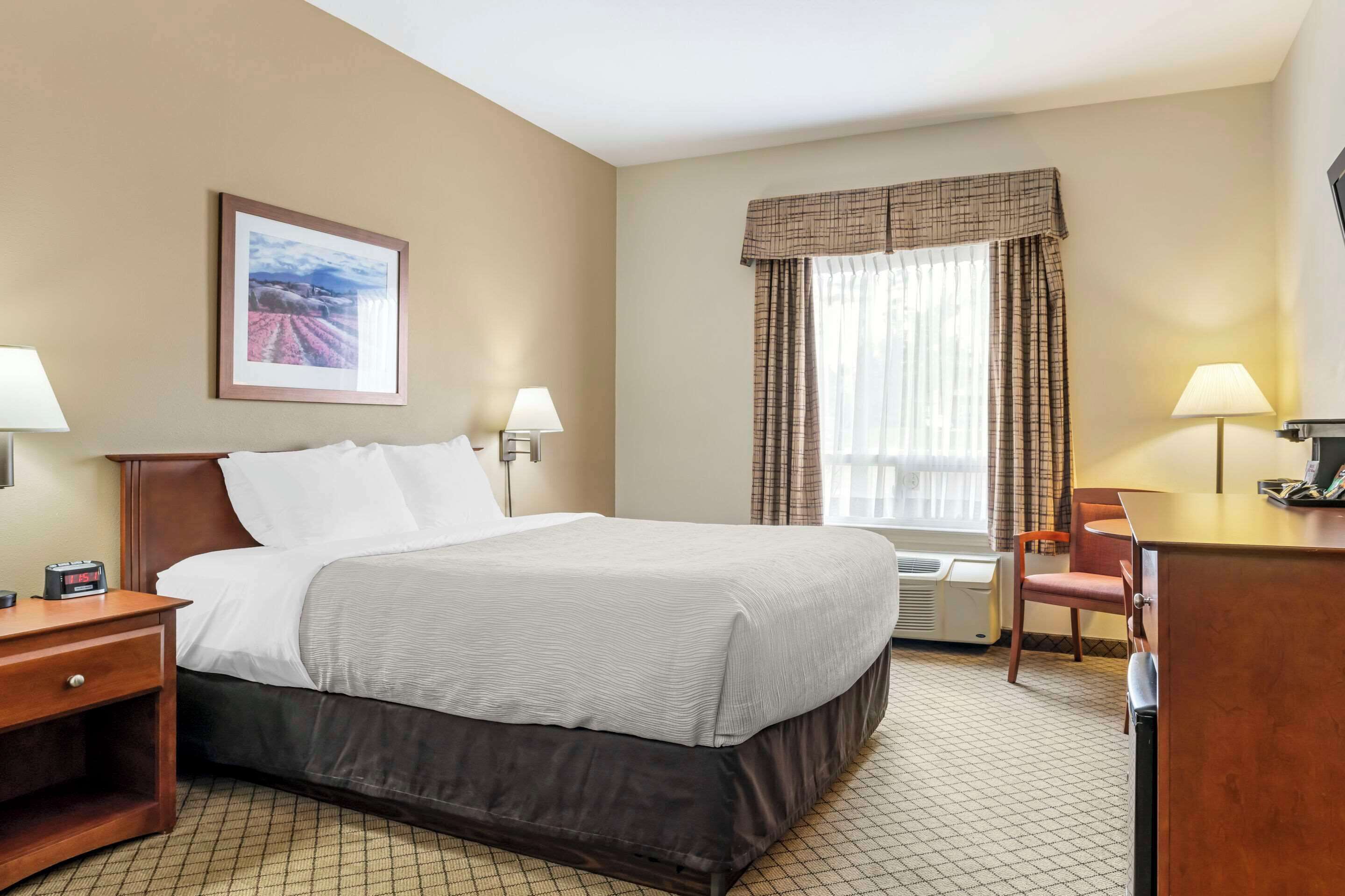 A hotel room with a bed, bedside tables, a desk, a chair, a window with curtains, and a wall-mounted picture.