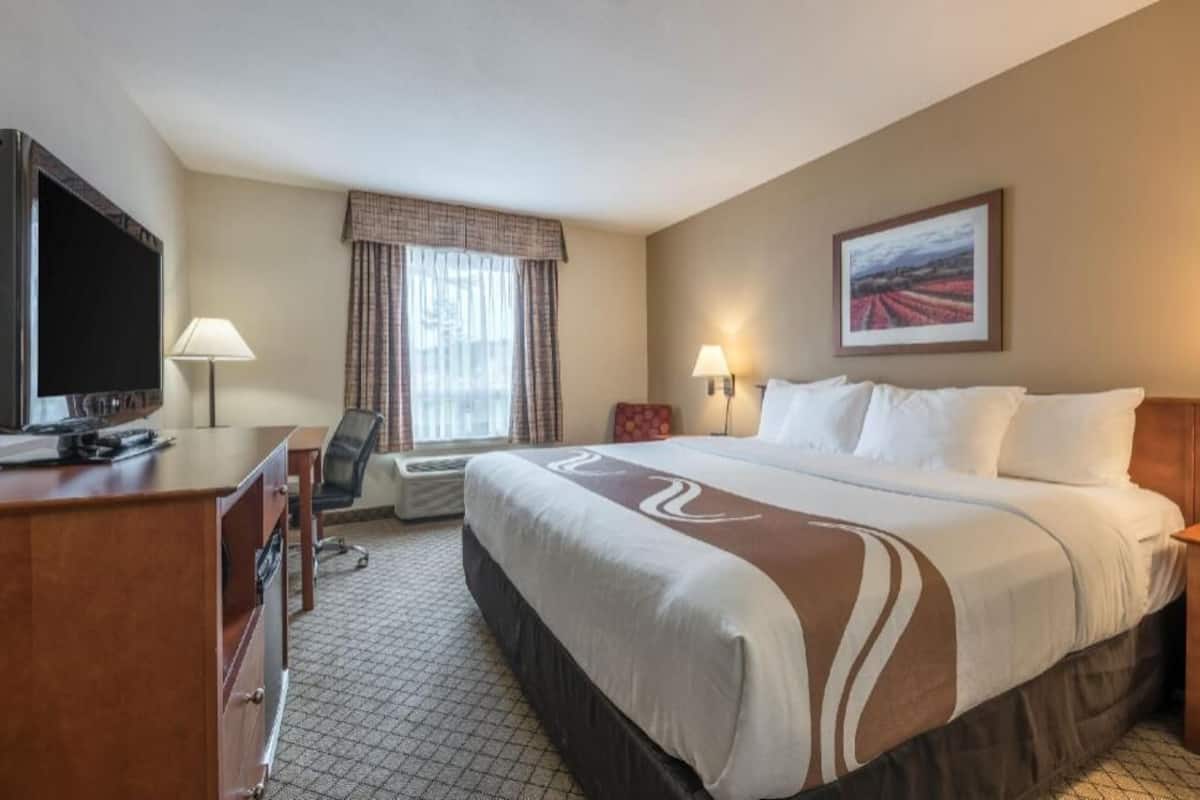 A hotel room with a bed, desk, television, chair, and a painting on the wall.