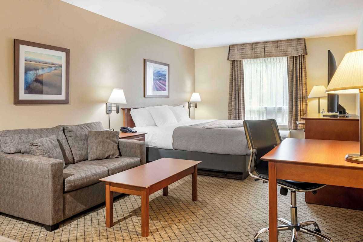 A hotel room with a bed, a sofa, a desk, two lamps, and a television.