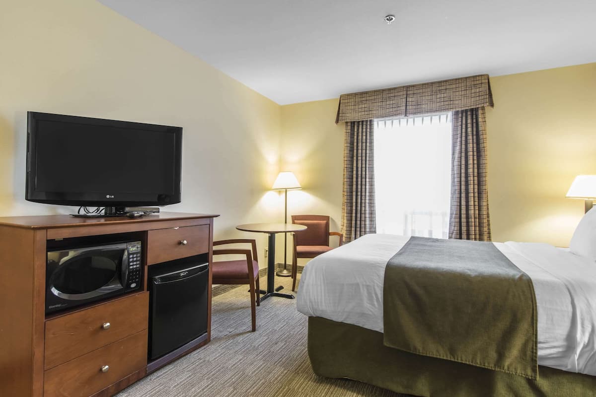 A hotel room with a bed, a television, a microwave, a small table, and a chair.