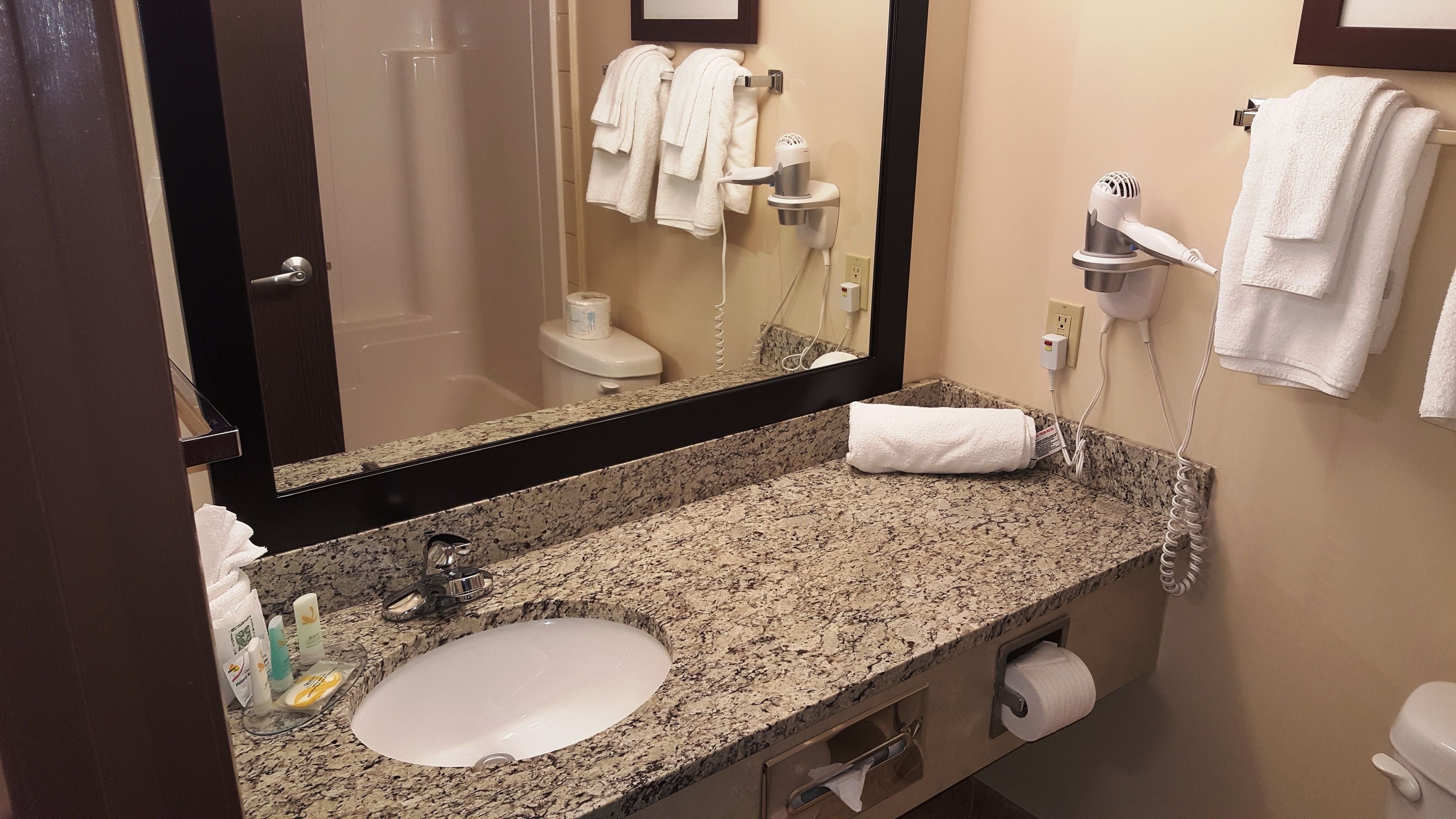 free toiletries, hair dryer, towels, soap