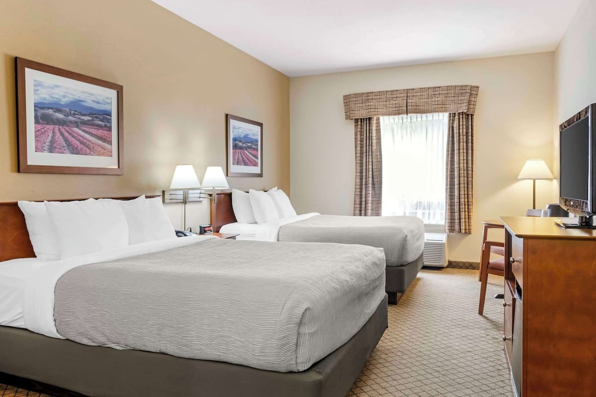 A hotel room with two beds, a desk, a TV, and two lamps.