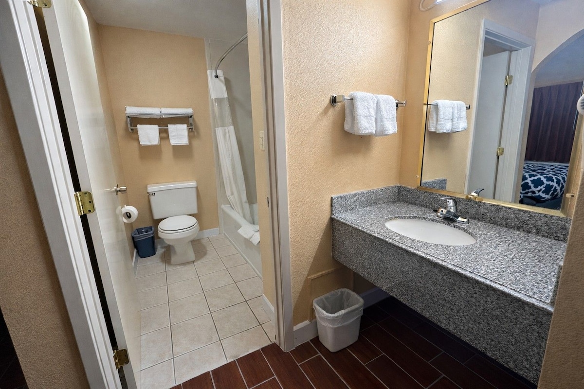 A bathroom with a shower, toilet, sink, and a mirror.