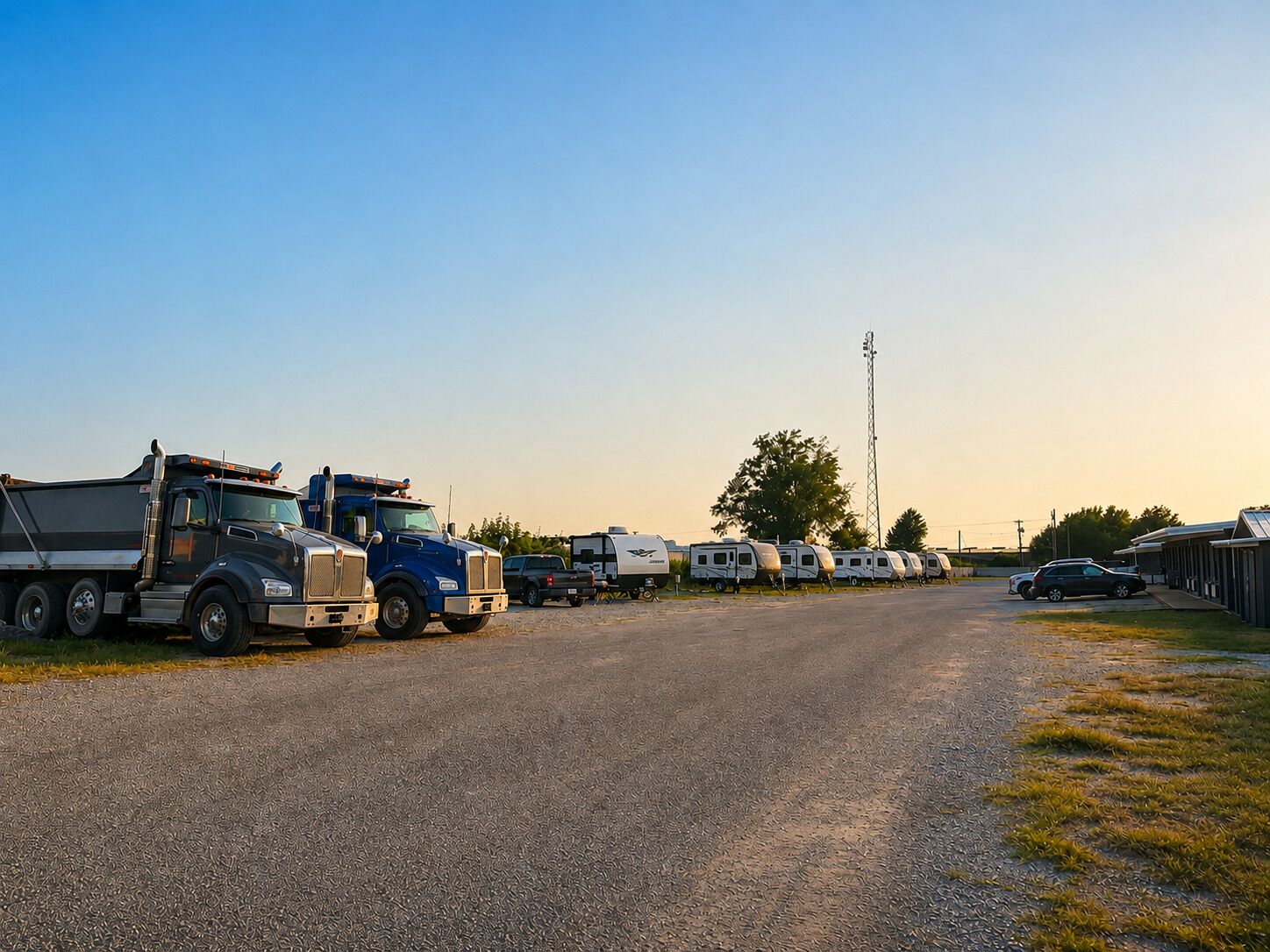 Una strada sterrata con una fila di camper da un lato e un camion grande dall'altro.