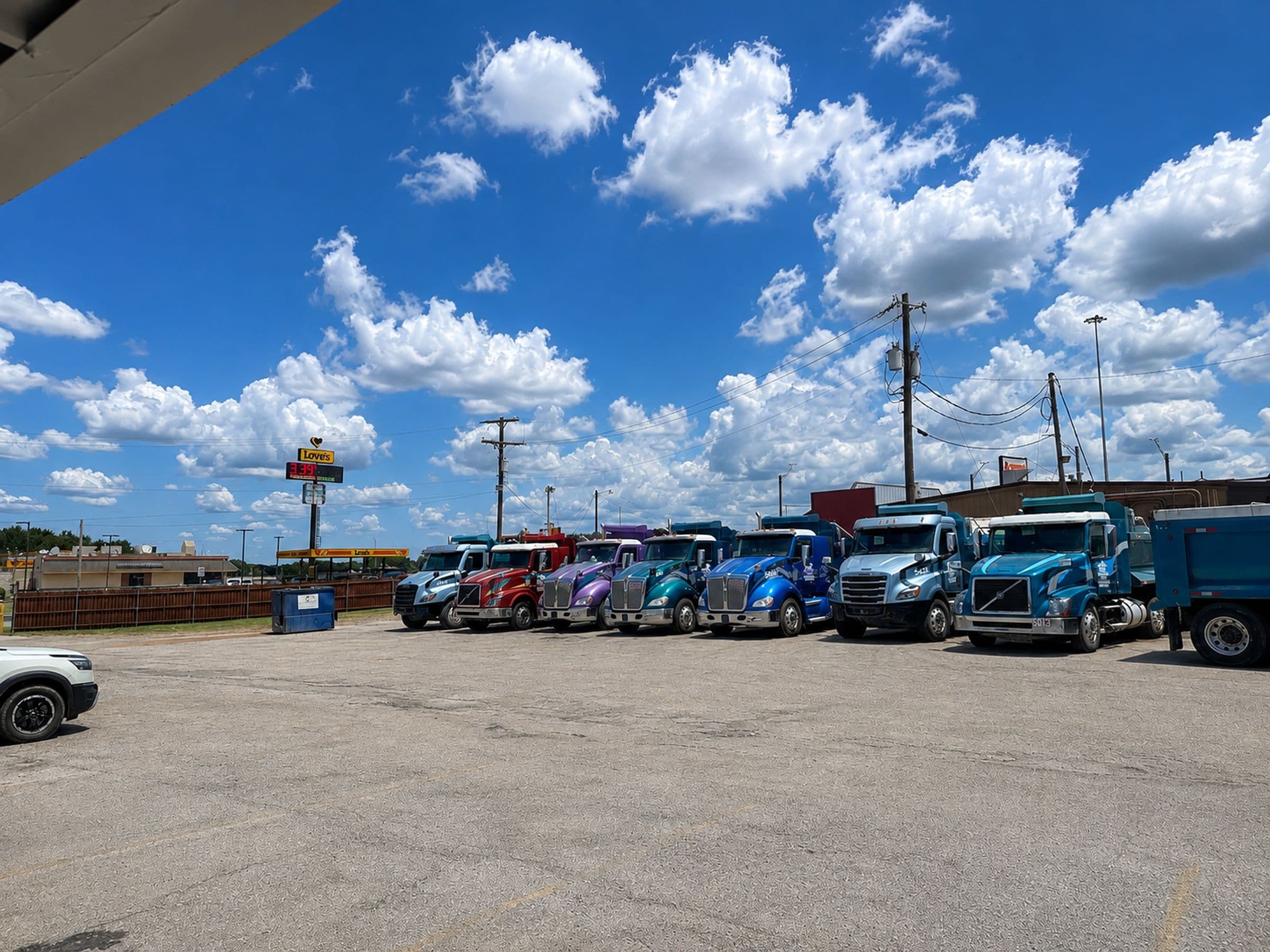 A parking lot with multiple trucks parked under a clear sky with scattered clouds.