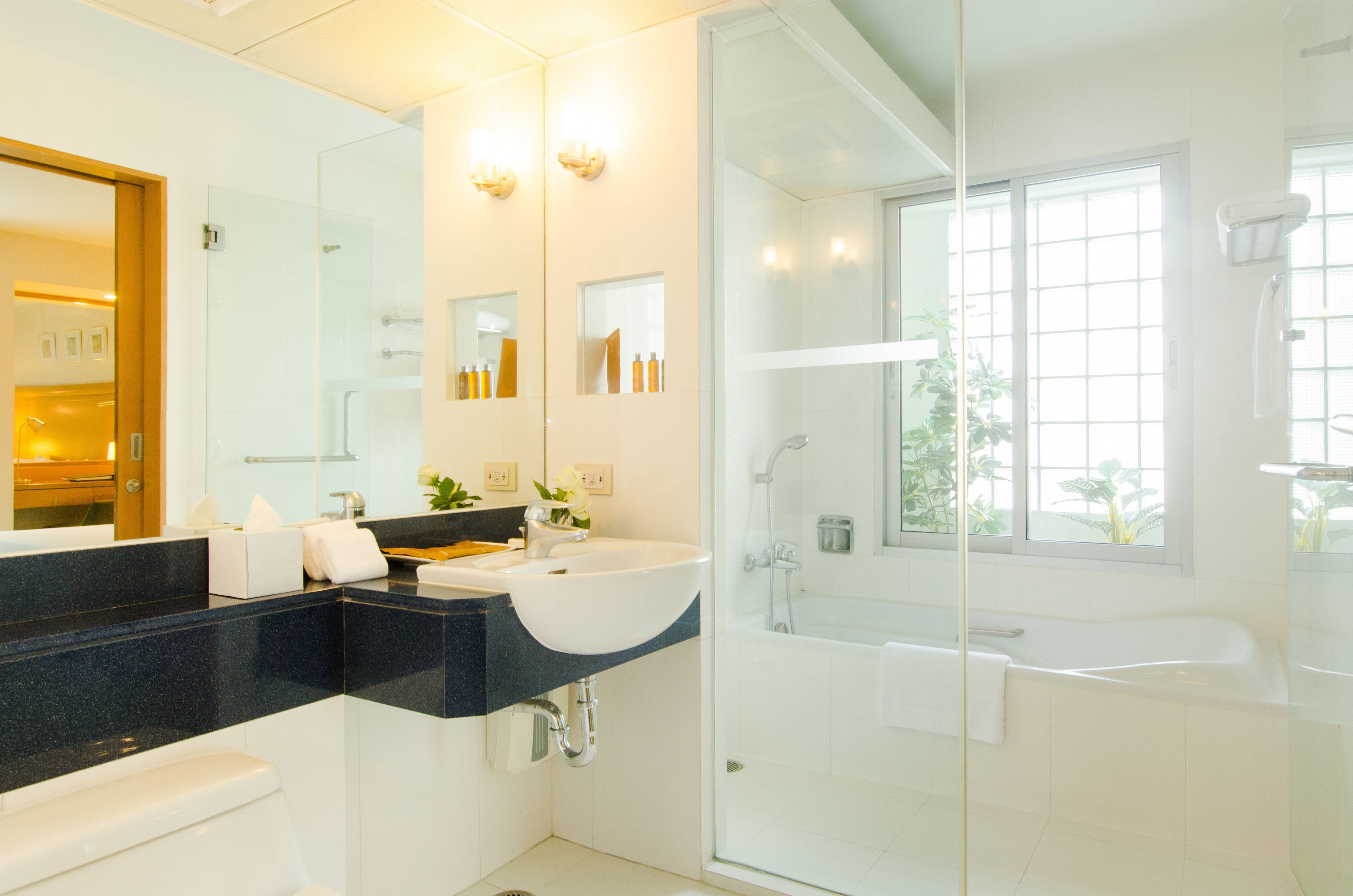 combined shower/bathtub, free toiletries, hair dryer, bathrobes