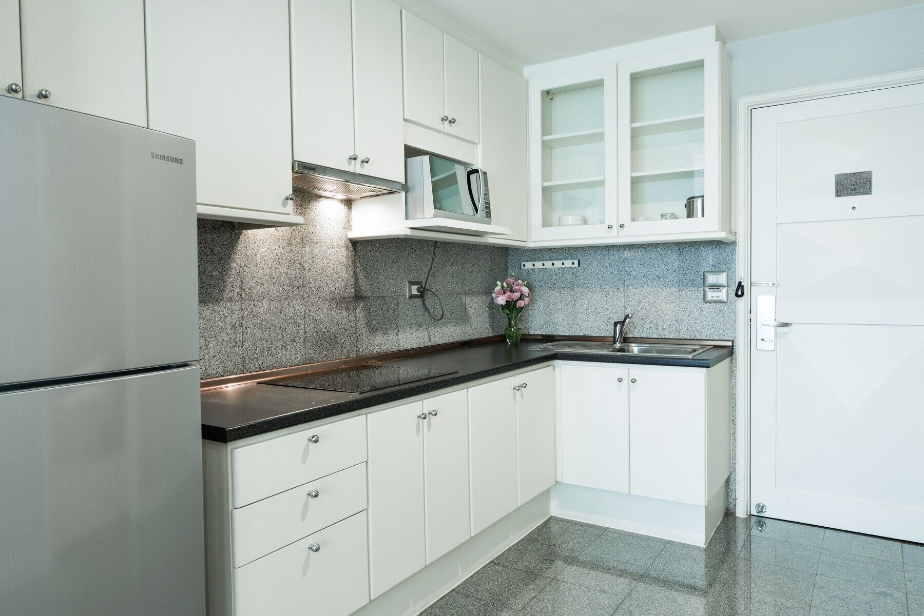 fridge, microwave, stovetop, electric kettle