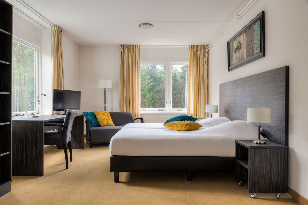 A hotel room with a bed, a desk, a chair, a TV, and a window with curtains.
