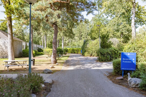 A pathway leading to a hotel reception and parking area, surrounded by trees and greenery.