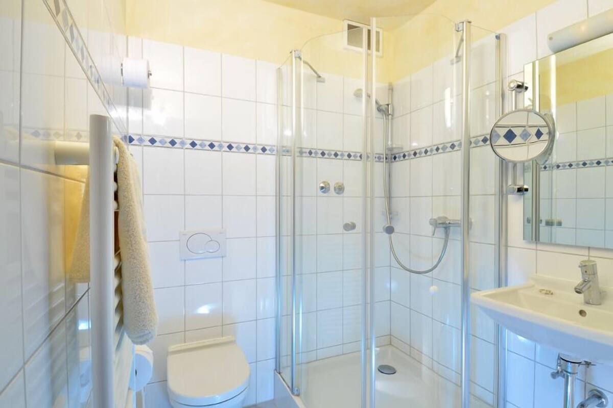 A modern bathroom with a glass-enclosed shower, a toilet, and a sink with a mirror.