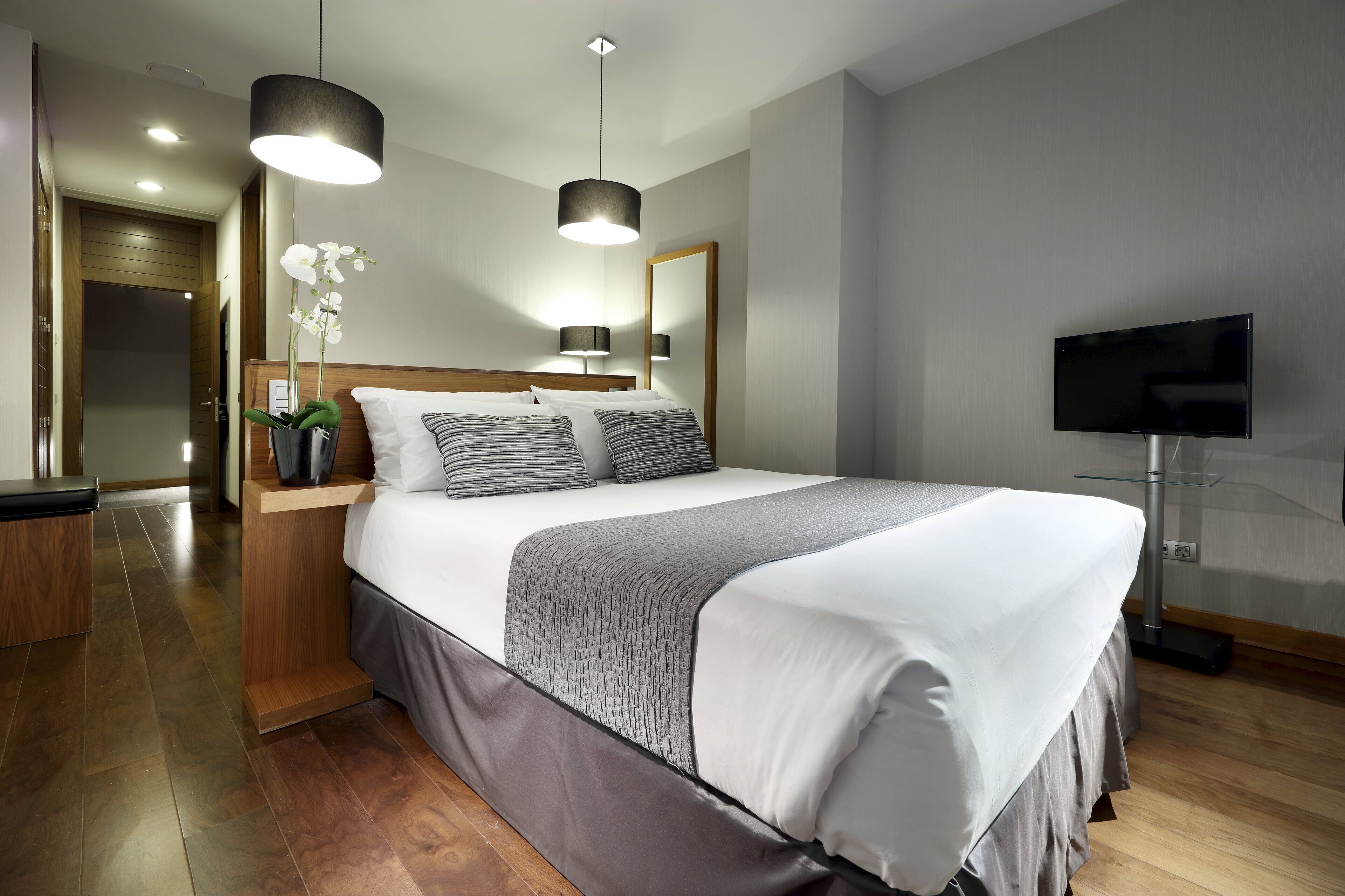 Una habitación de hotel moderna con una cama grande, suelo de madera, un televisor y una orquídea en maceta.