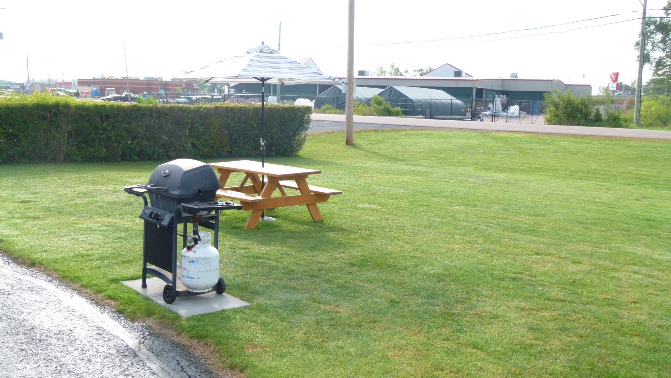 Un espacio verde con una parrilla y una mesa de picnic.