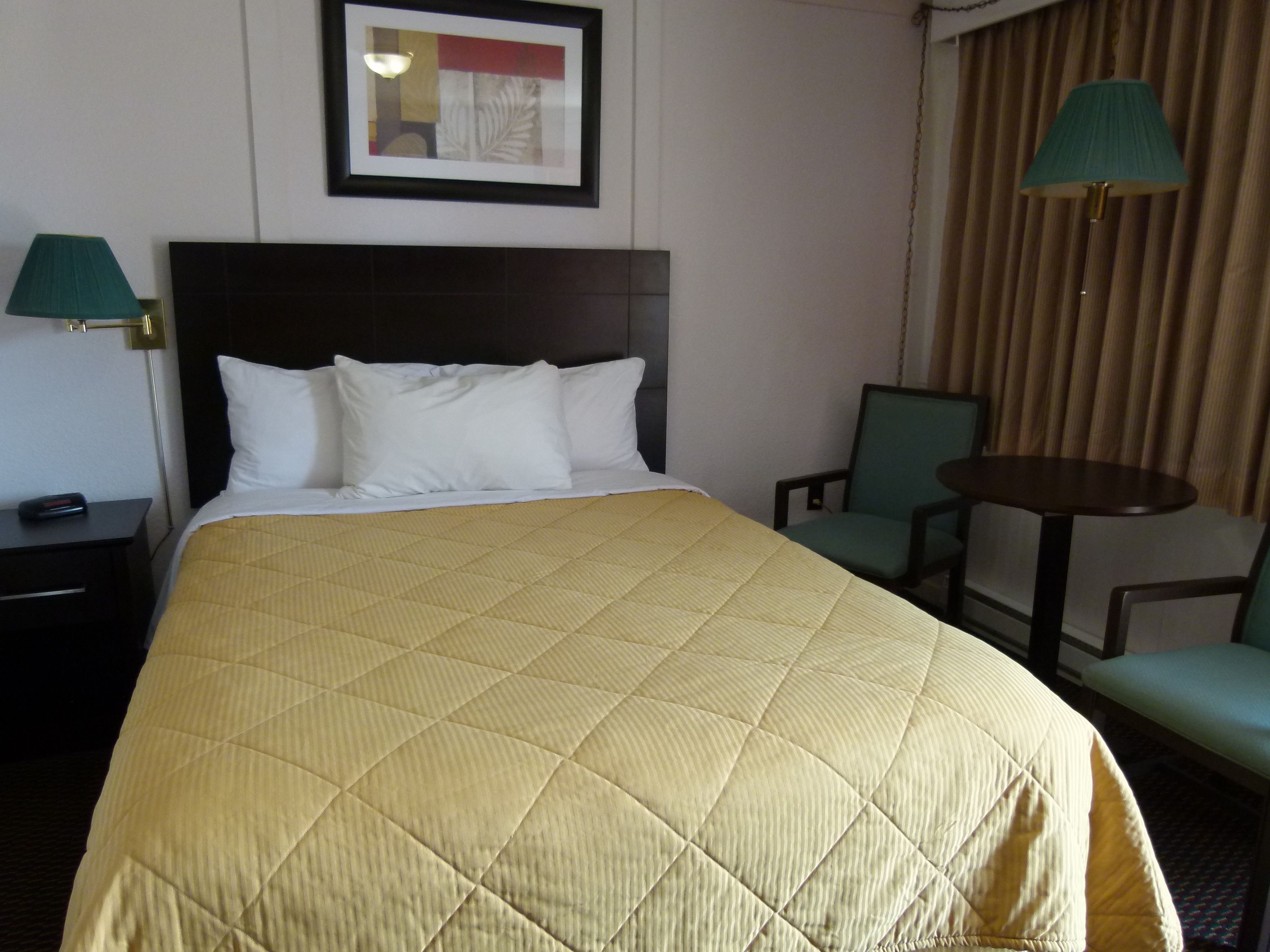 A hotel room with a large bed, two chairs, a small table, and a framed picture on the wall.
