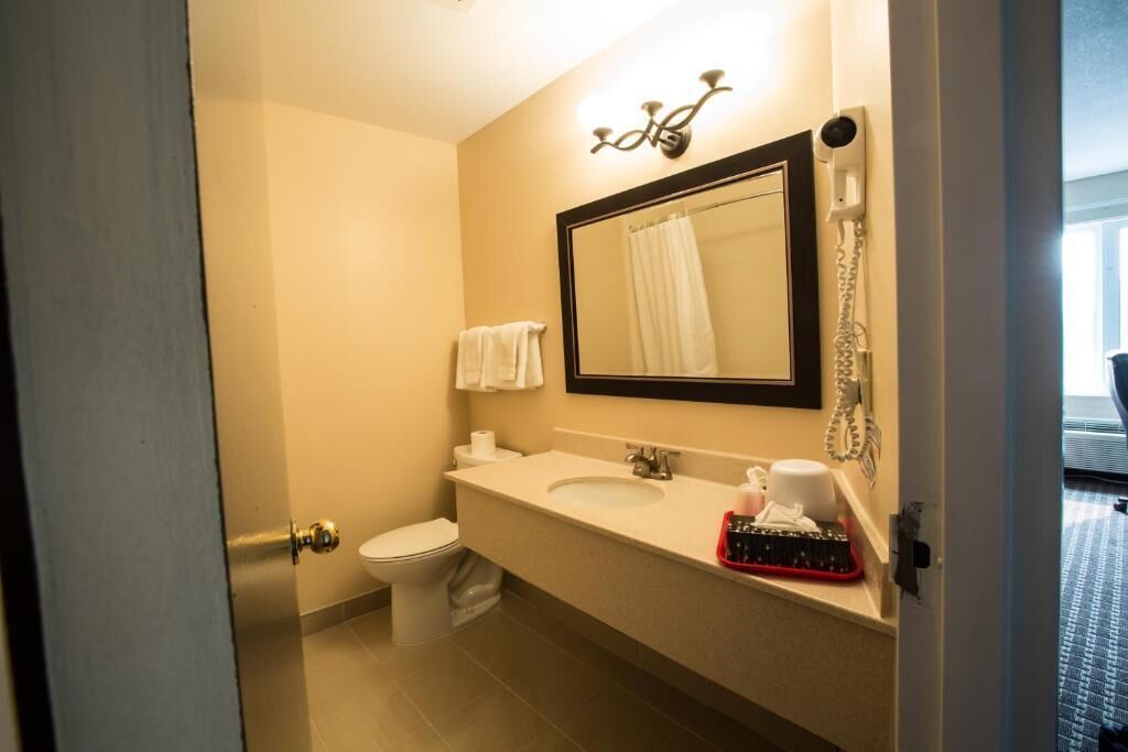 A bathroom with a toilet, sink, and mirror.