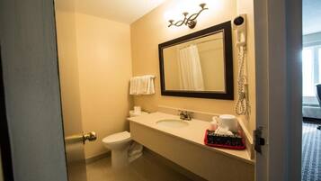 A bathroom with a toilet, sink, and mirror.