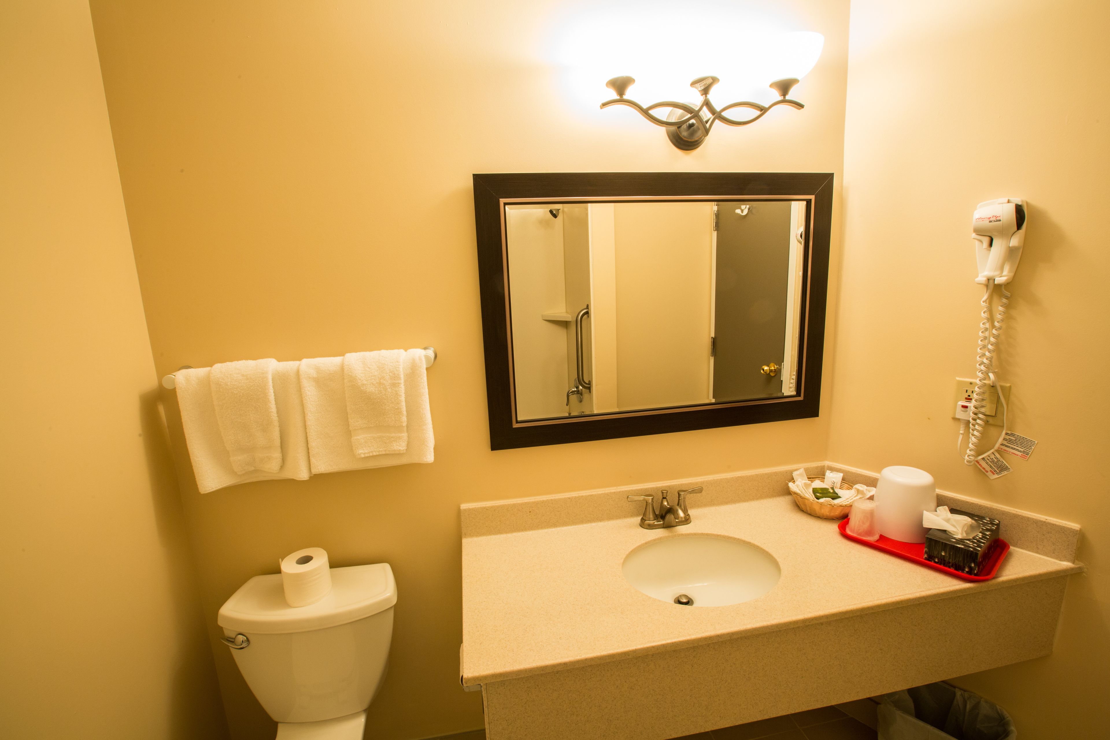 A bathroom with a toilet, sink, mirror, and a hairdryer on the wall.