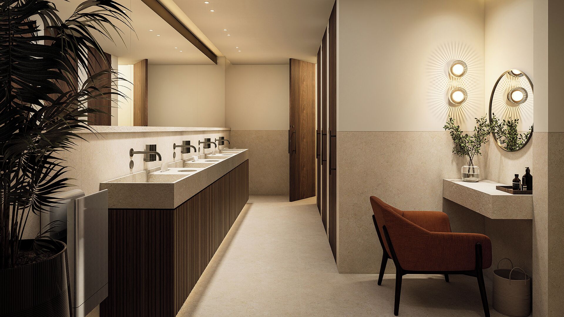 A modern bathroom with a long vanity, multiple sinks, a mirror, and a plant.