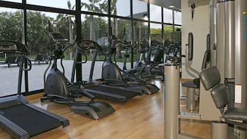 A gym with treadmills, elliptical machines, and weight equipment.