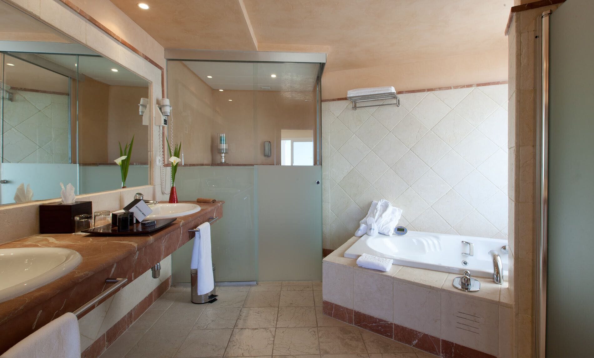 Ein Badezimmer mit zwei Waschbecken, einem Spiegel, einer Dusche und einer Badewanne.