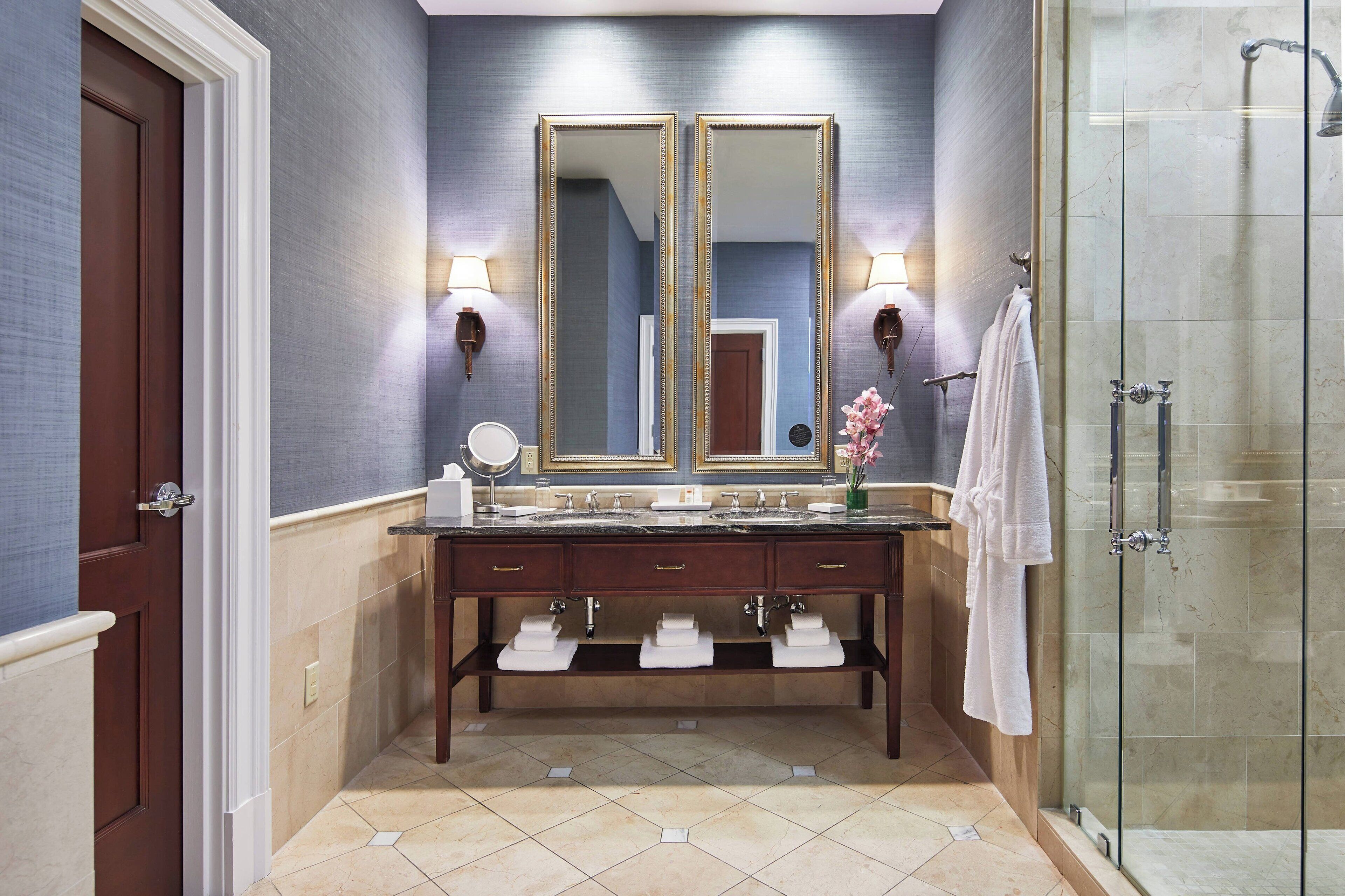 separate bathtub and shower, free toiletries, hair dryer, towels