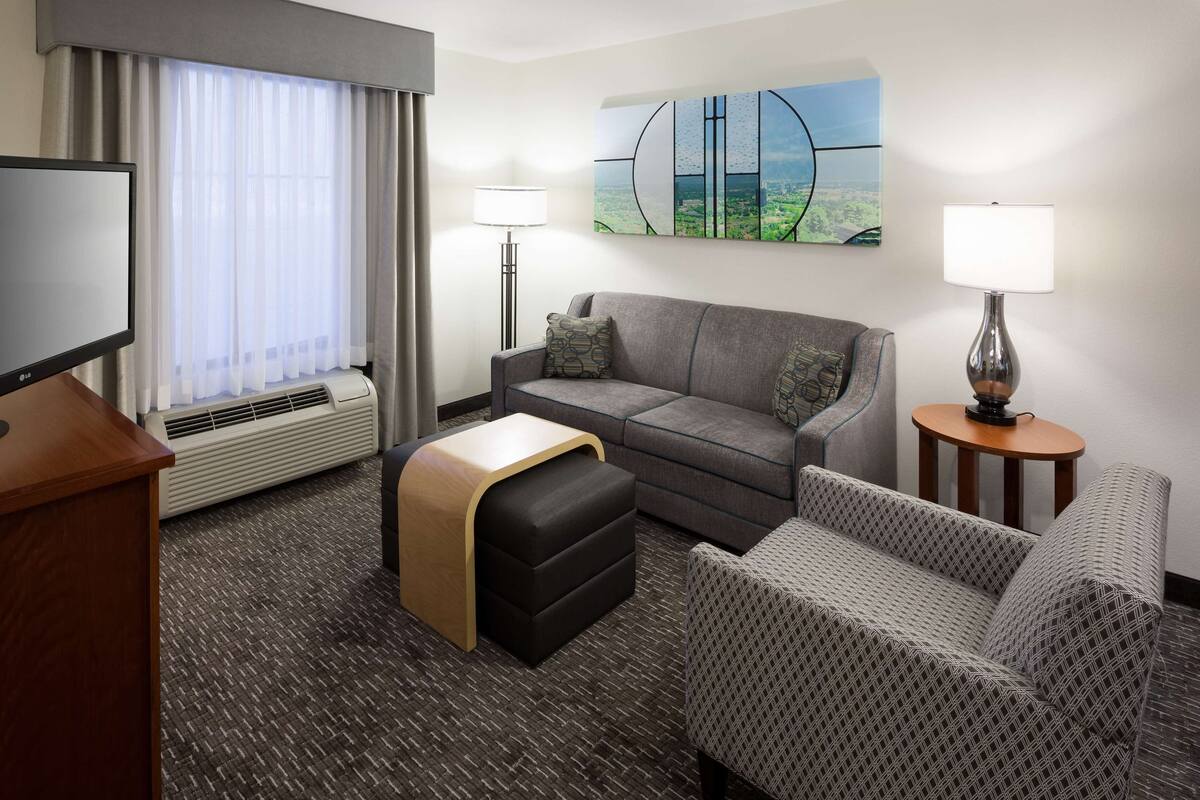 Une chambre d’hôtel équipée d’un téléviseur à écran plat, d’un canapé, d’une causeuse, d’une petite table, d’une lampe, d’un radiateur et d’une fenêtre avec des rideaux.