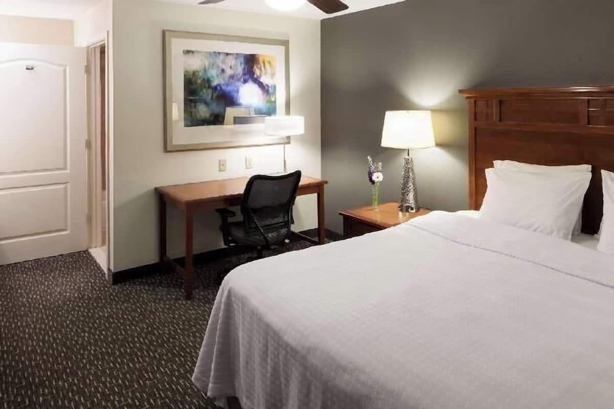 Premium bedding, desk, laptop workspace, blackout drapes