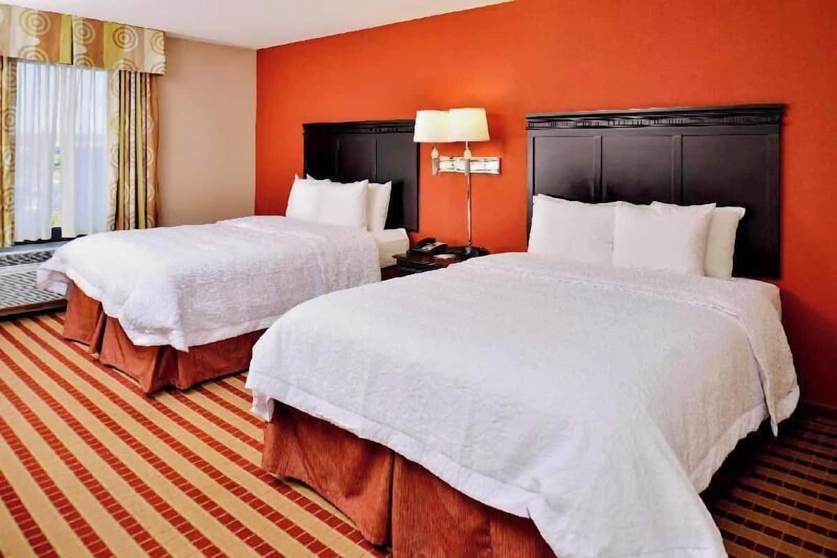 A hotel room with two beds, a red wall, a patterned carpet, and a window with curtains.