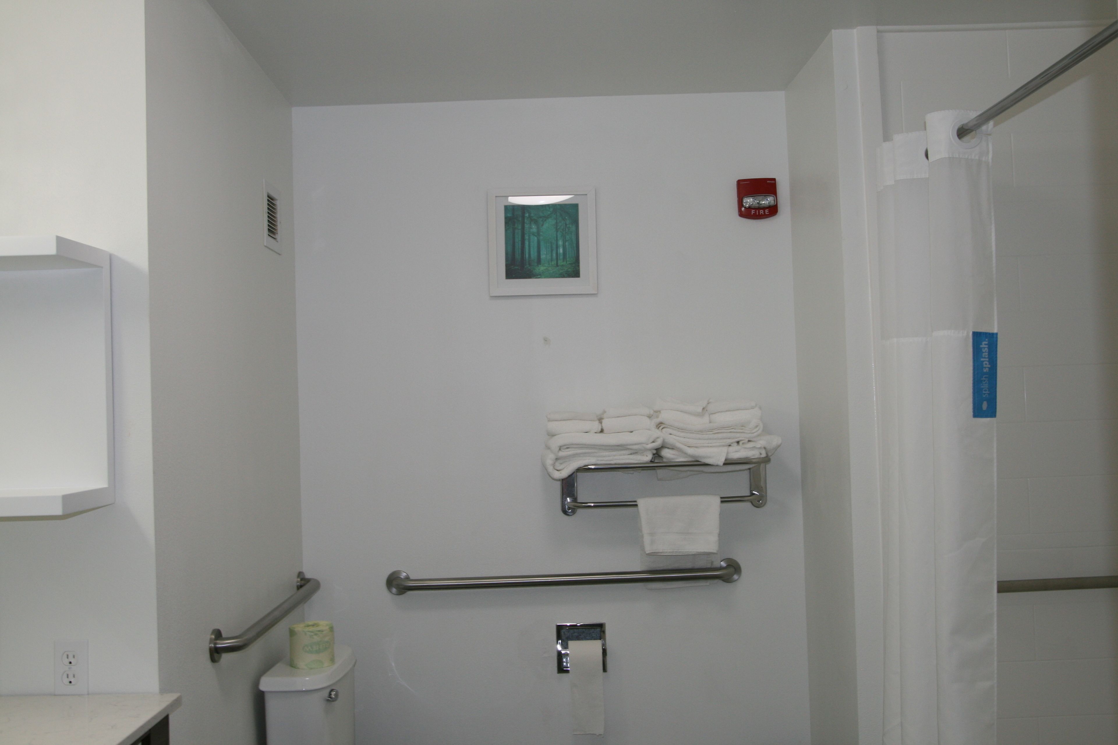 Un baño con inodoro, barra para toallas, pasamanos y detector de incendios.